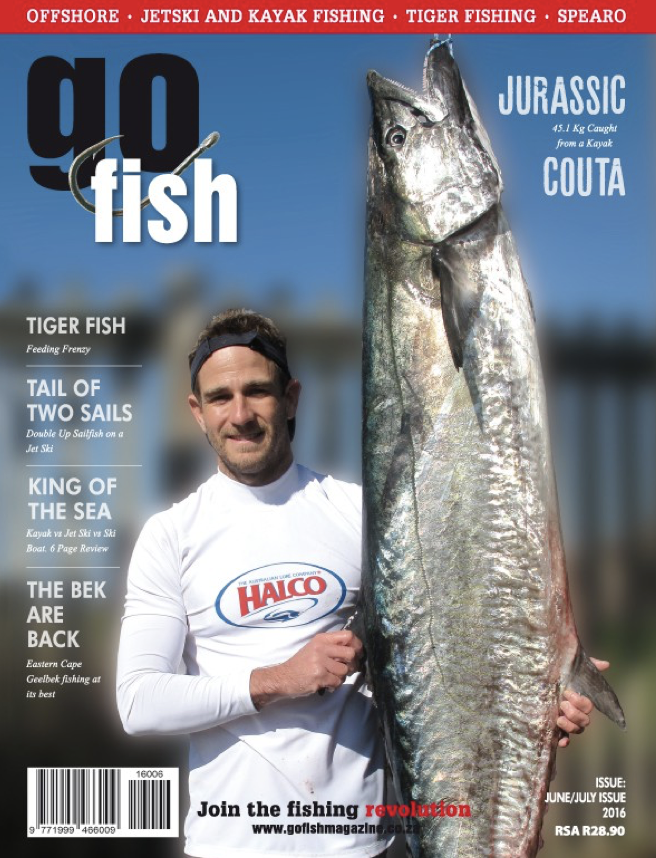 Go Fish magazine cover featuring Trenton Lamble with a 45.1 kg couta caught from a kayak